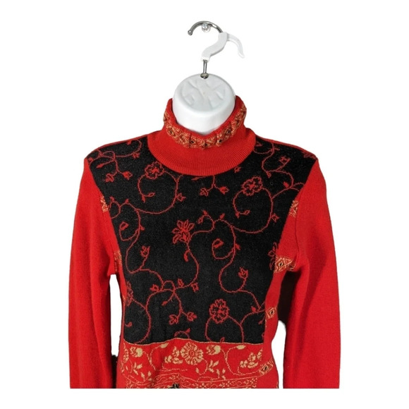 Dolce Bella Merino  Wool Turtleneck Sweater Red/Black/Gold - Picture 3 of 8